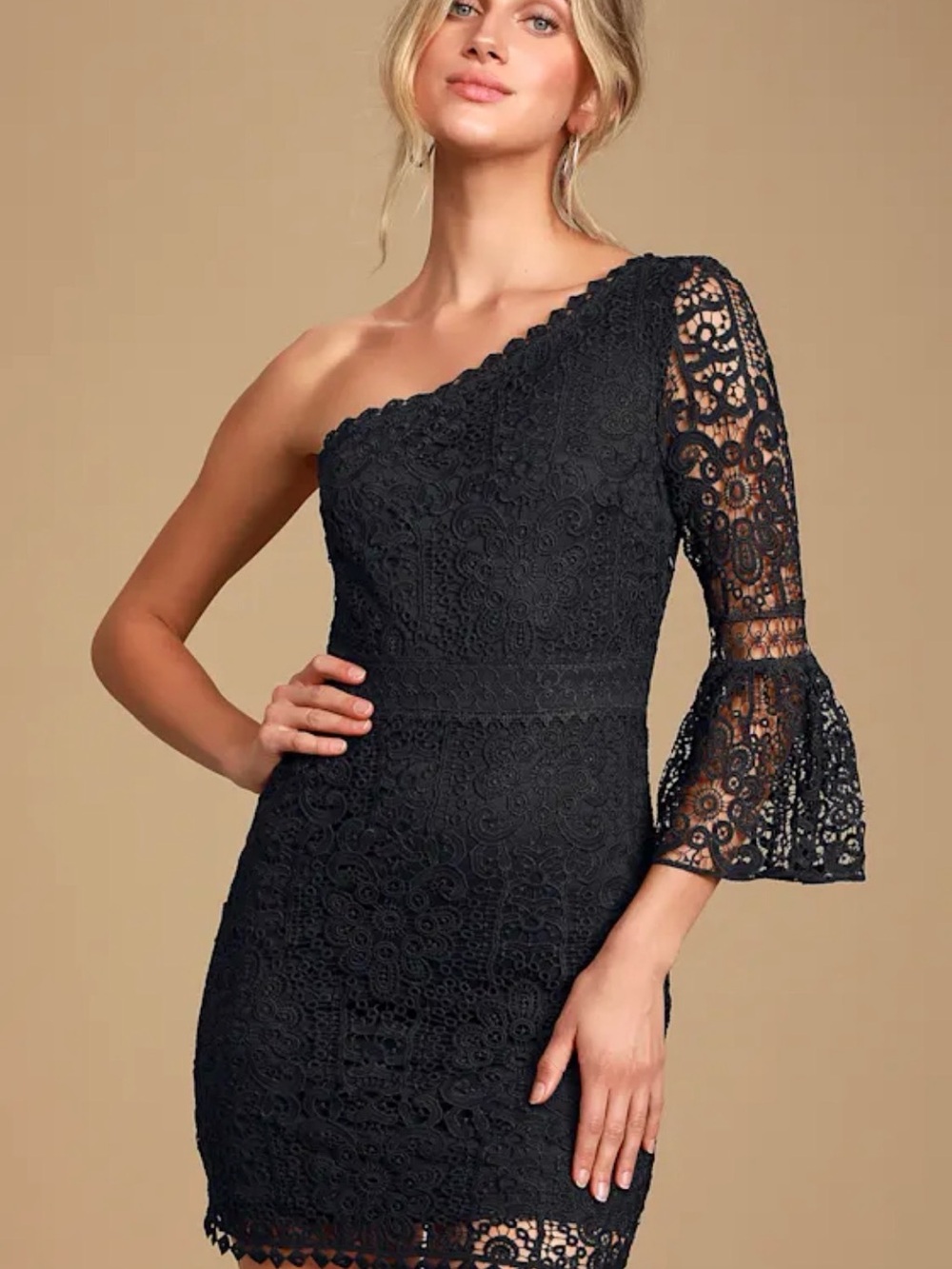 Lulu's Black One-Shoulder Lace Dress with Bell Sleeve